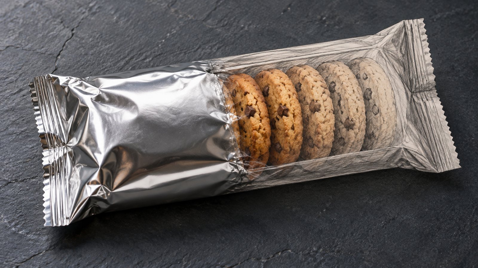 Conceptual illustration of a silver cookie pack transitioning into a drawn cutaway of the cookies inside.